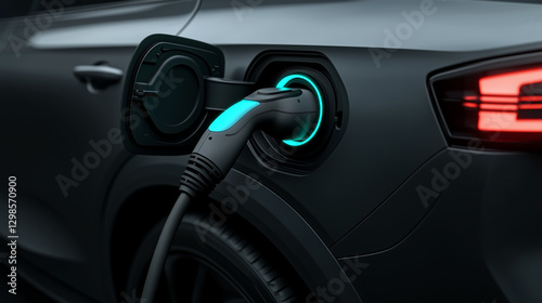 Electric vehicle charging with a glowing connector at night in a modern urban environment. Generative AI