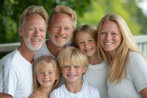 A family of five, including a woman and a man, are posing for a photo. The family members are smiling and appear to be happy. The photo captures a moment of togetherness and love