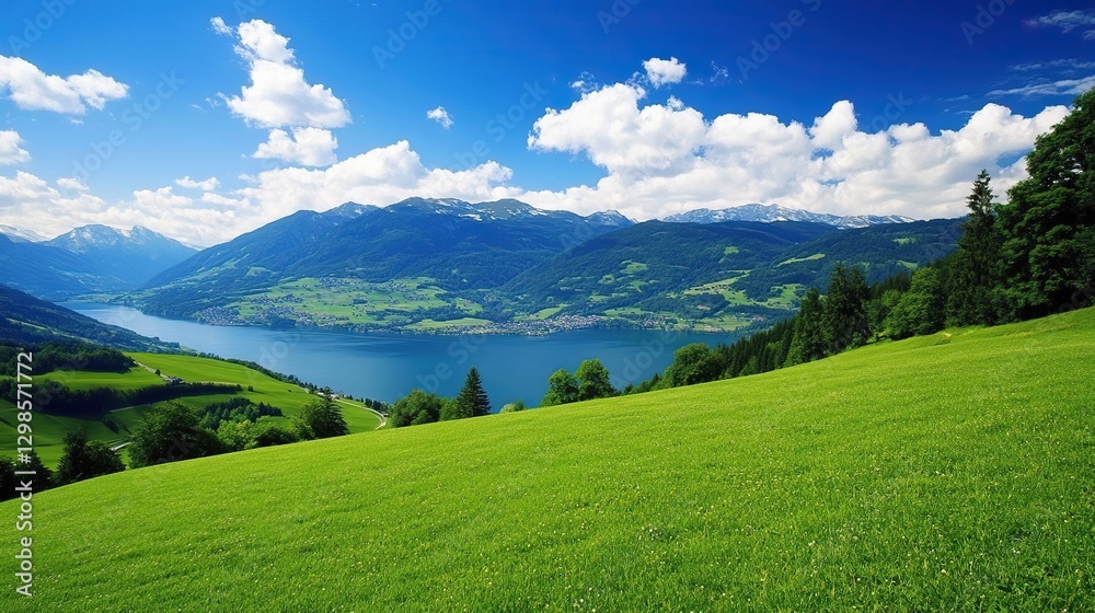 Fototapeta premium Tranquil Alpine Lake with Grass-Covered Hills and Clear Blue Sky, Capturing the Essence of Summer in the Alps, Ideal for Travel and Nature-Themed Designs
