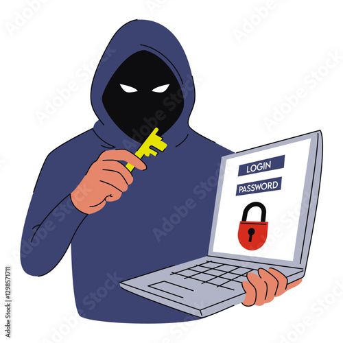 Hacker stealing personal data from laptop vector isolated. Concept of cyber security. Cybercriminal with laptop computer, personal information in danger. Man holding key from the lock.