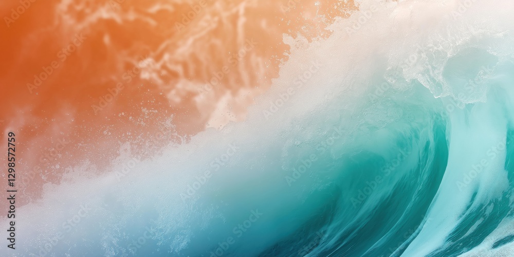 Fototapeta premium A wave crashing on a beach with a bright orange and blue background. Scene is energetic and lively, as the wave appears to be in motion and the colors of the background create a sense of excitement