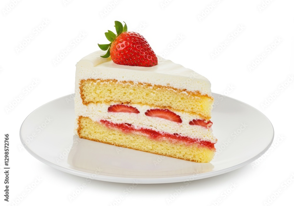 Slice of soft cream cake with a layer of frosting, topped with a fresh strawberry served on a white plate, isolated on white background Slice of soft cream cake with a layer of frosting, topped with a fresh strawberry served on a white plate, isolated on white background