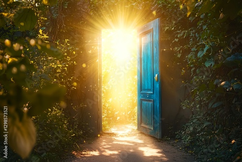 Blue door is open in a forest, with sunlight shining through it.
