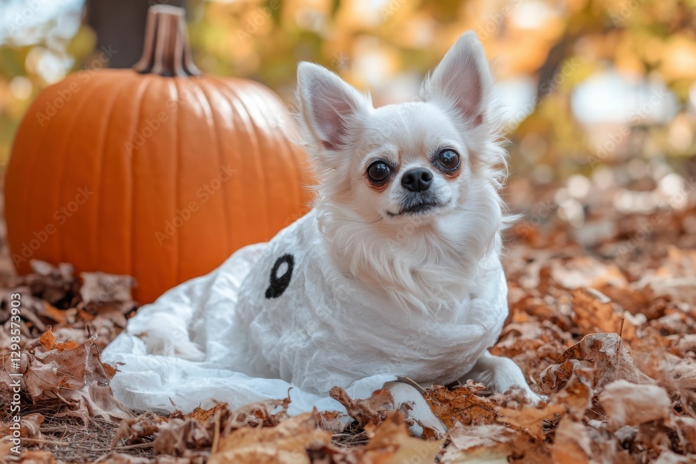 Fototapeta premium Dog in Ghost Costume: Funny Halloween Pose with Pumpkin and Autumn Vibes
