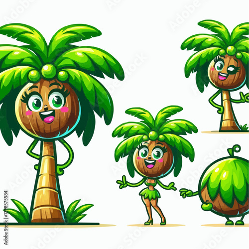 Cute cartoon palm tree character with various expressions and poses on a white background
