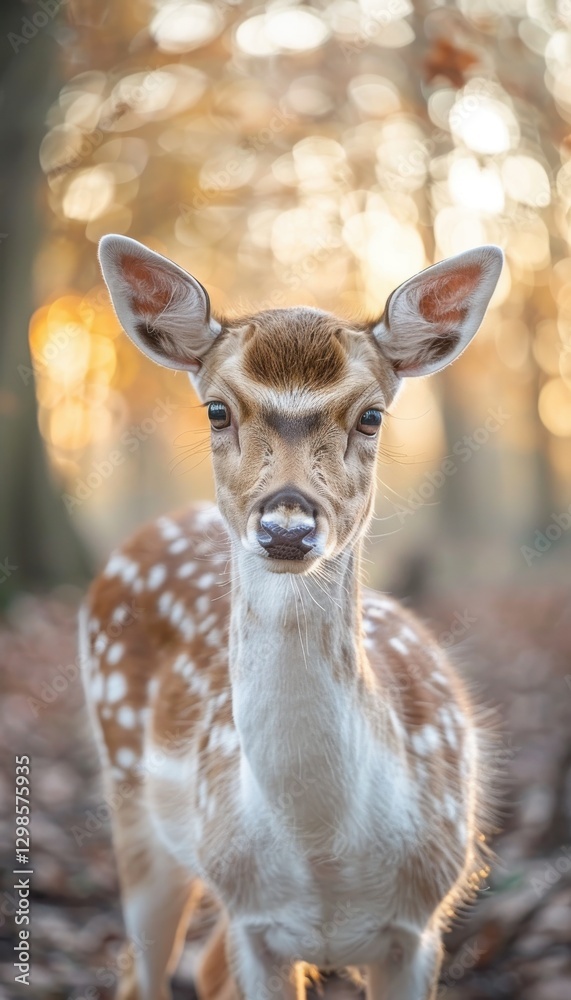 A young fallow deer stands in a sun-dappled forest, its coat speckled with white spots. A gentle gaze. A young fallow deer stands in a sun-dappled forest, its coat speckled with white spots. A gentle gaze.