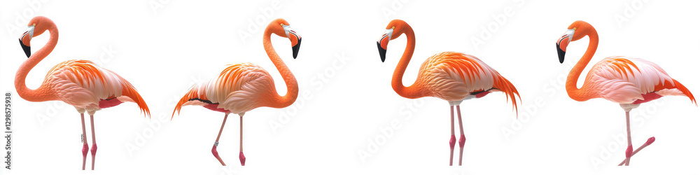Fototapeta premium Set of gracefully standing elegant pink flamingos, isolated on a white background