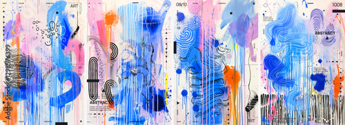 Abstract design concept. Vector illustrations. Blue, orange, black and pink colors. Posters with various brush strokes and textures to create an artistic background for design projects.