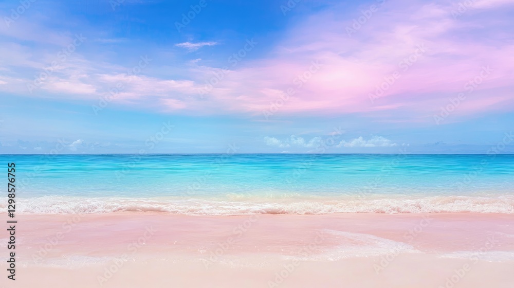 Fototapeta premium Pink Sand Beach, Pastel Sky, Tropical Paradise, Coastal Scenery, Vacation Destination, Beautiful View, Ideal for Relaxation
