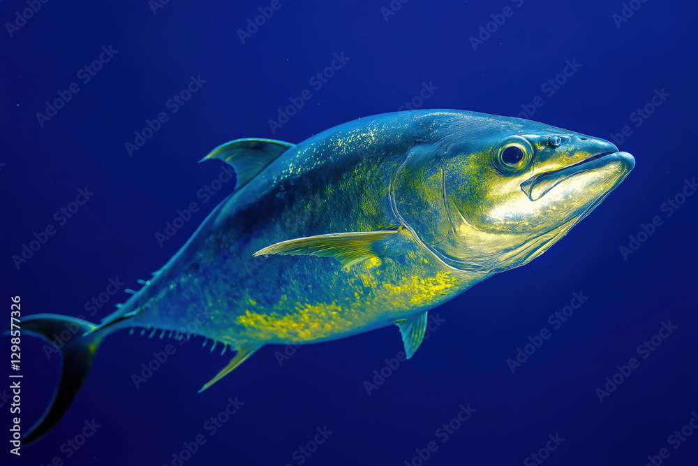 Fototapeta premium Thon à nageoires jaunes en pleine mer, profil majestueux sur fond bleu océan profond.