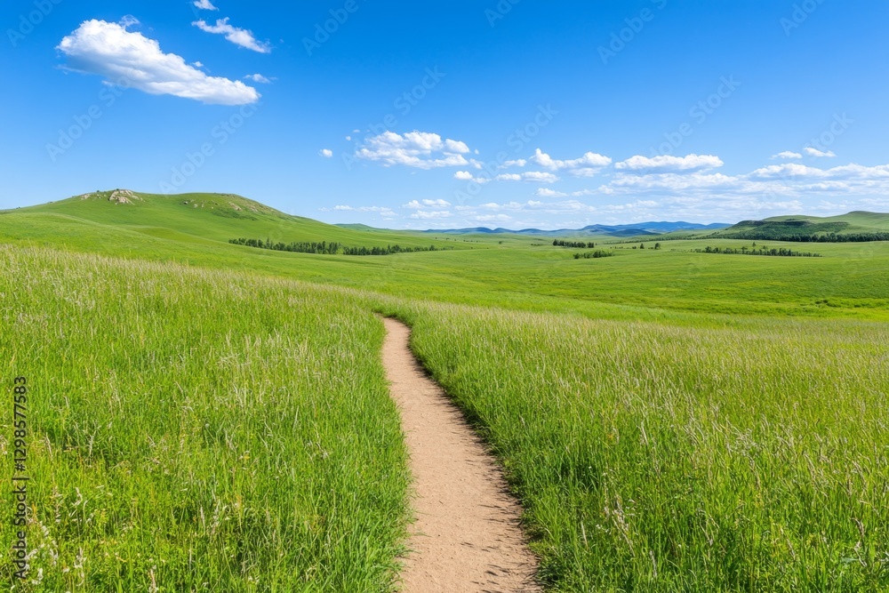 Fototapeta premium A narrow dirt path winding through a field of tall wild grasses leading to a distant farmhouse