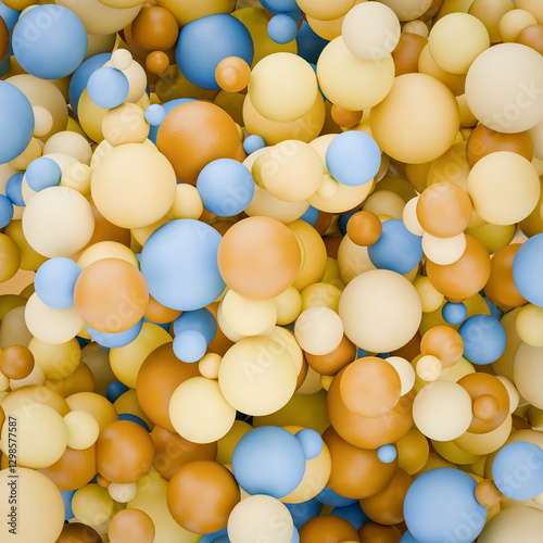 Abstract textured spheres background: blue beige yellow contrasty color scheme. Differently sized and shaded spheres hovering.