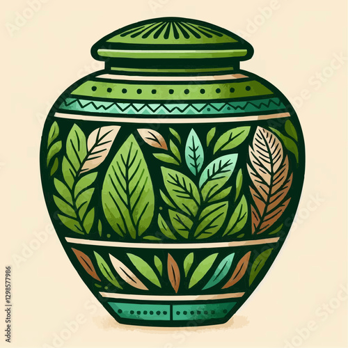 Decorative green urn with intricate leaf patterns on a light background