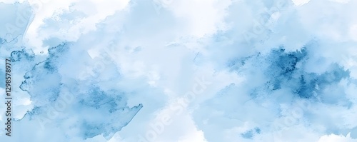 Abstract watercolor painting features various shades of light blue