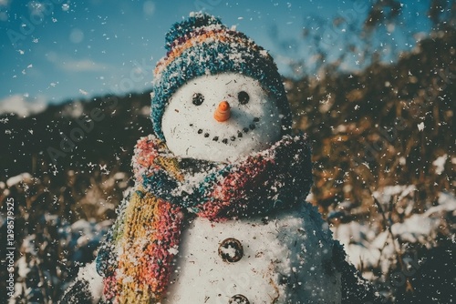 A snowman adorned with rainbow hues and wrapped in a vibrant rainbow scarf stands in a stunning winter wonderland photo