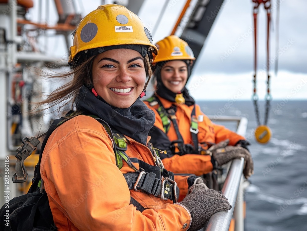 smiling workers in safety gear on oil rig