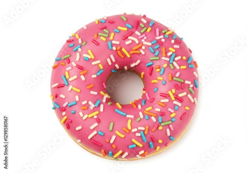 A pink frosted doughnut with colorful sprinkles isolated on white background