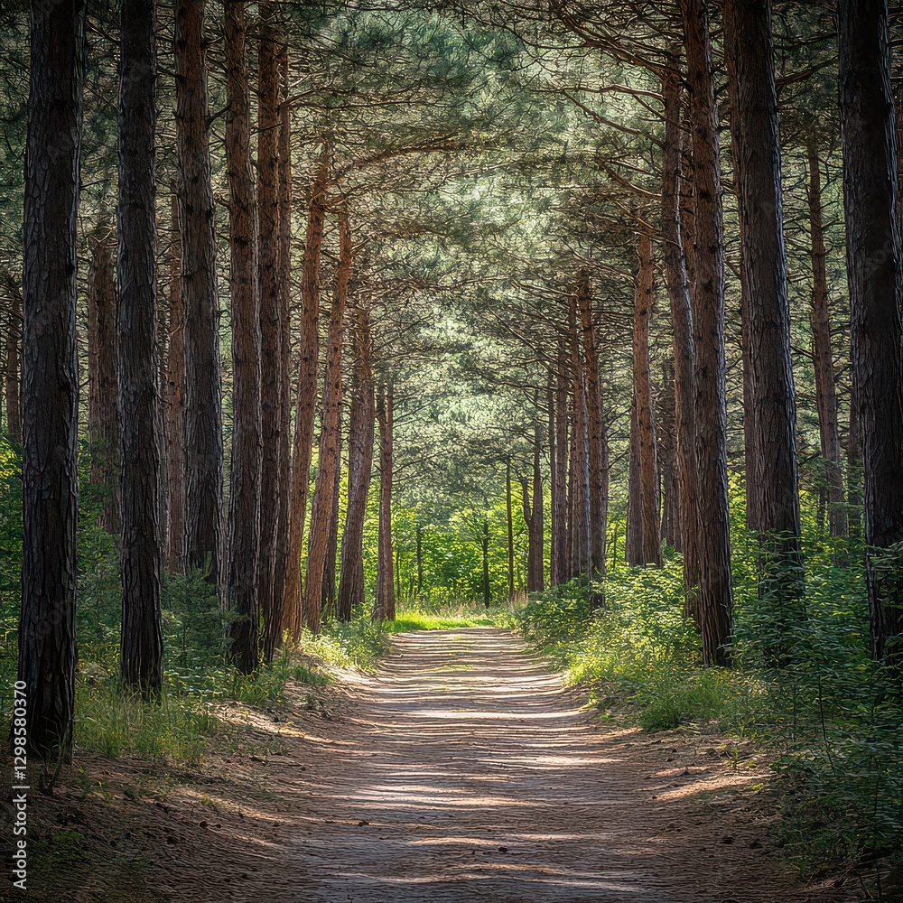 path through dense pine forest, towering trees, fresh pine scent, peaceful and serene natural landscape, cinematic atmosphere, ultra-HD sharpness path through dense pine forest, towering trees, fresh pine scent, peaceful and serene natural landscape, cinematic atmosphere, ultra-HD sharpness