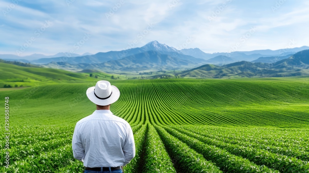 Farmer surveys vast green field, mountains backdrop; agriculture concept Farmer surveys vast green field, mountains backdrop; agriculture concept