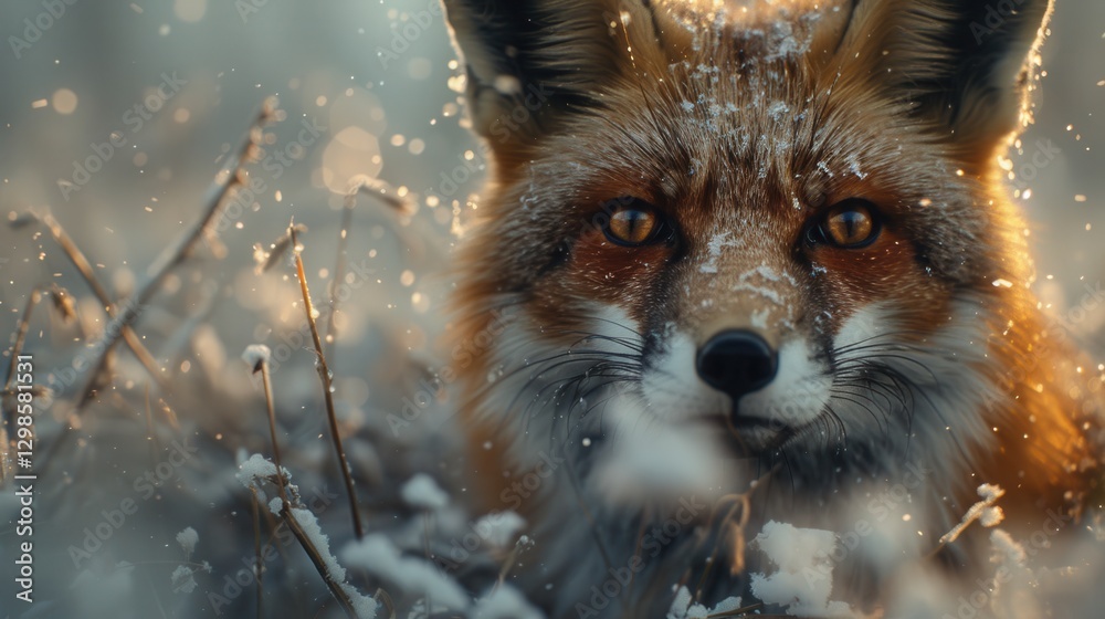 Fototapeta premium Red fox in snowy winter scene. Intense gaze, beautiful winter fur.