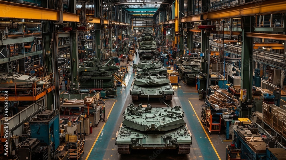 Tanks in a factory assembly line symbolize defense manufacturing and military production. Tanks in a factory assembly line symbolize defense manufacturing and military production.