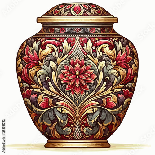 Intricate decorative urn with floral patterns and rich colors on a light background