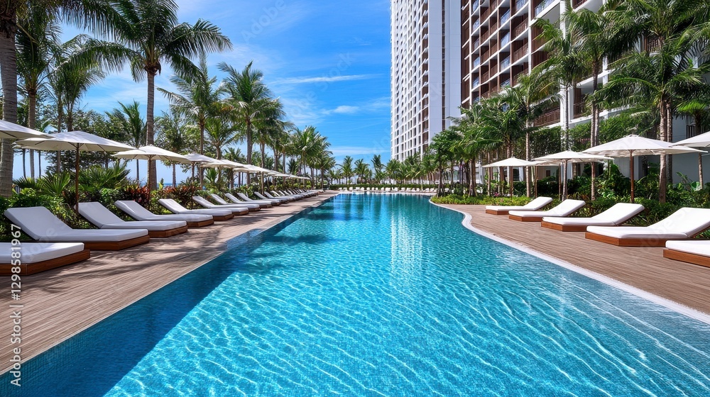 Fototapeta premium Long Resort Pool with White Lounge Chairs and Palm Trees Under Sunny Skies