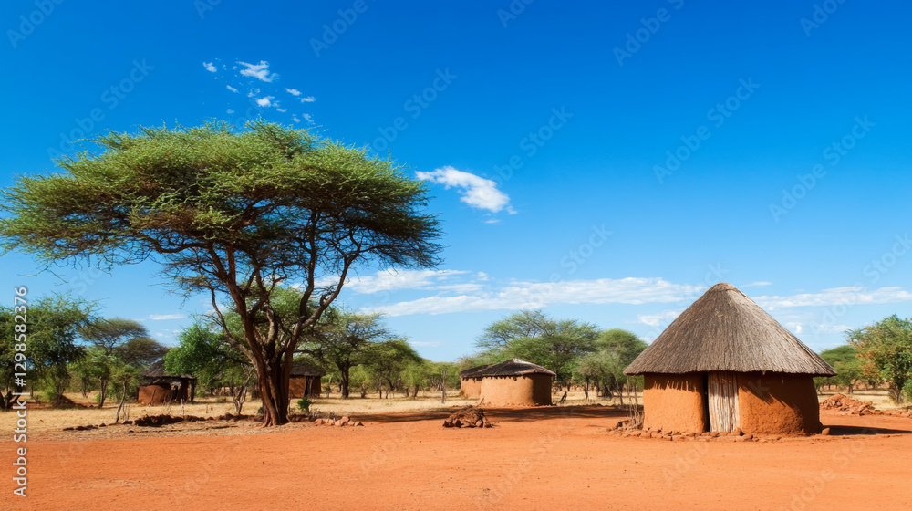 Traditional mud huts with thatched roofs sit under acacia trees in a dry, open landscape. The clear blue sky enhances the serene and rustic beauty of this rural setting Traditional mud huts with thatched roofs sit under acacia trees in a dry, open landscape. The clear blue sky enhances the serene and rustic beauty of this rural setting