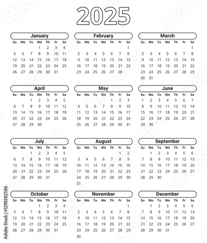 2025 year english vector calendar 12 months in contours