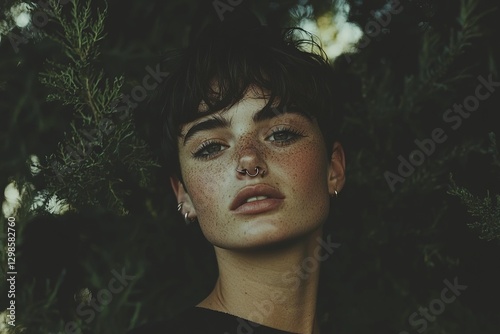 A genuine image of a lesbian woman with a gay orientation, smiling for the camera in an outdoor setting, symbolizing the concept of nonbinary individuals within the LGBT community, with a primary