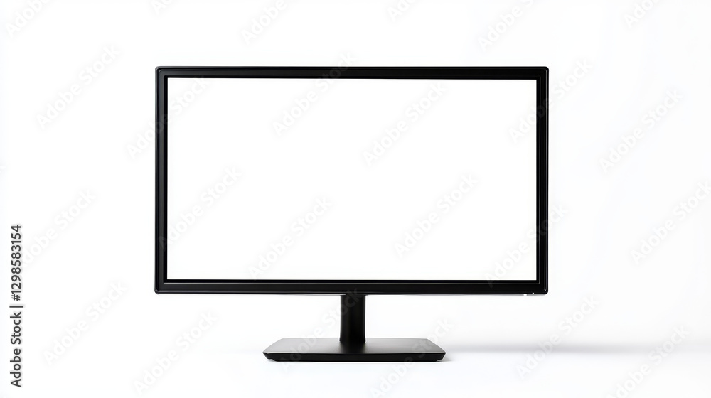 A sleek black computer monitor stands on a solid base. Its screen is blank, highlighting a clean, minimalist aesthetic. The setting features bright lighting that enhances the simplicity of the design A sleek black computer monitor stands on a solid base. Its screen is blank, highlighting a clean, minimalist aesthetic. The setting features bright lighting that enhances the simplicity of the design