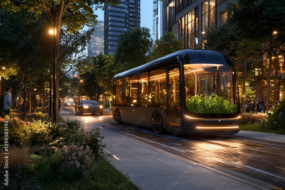 Obraz premium Futuristic city street illuminated by bio-luminescent algae street lamps, autonomous electric vehicles, and solar trees creating a sustainable urban landscape