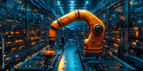 Robotic Arm in High-Tech Manufacturing Facility with Advanced Automation and Integrated AI Systems Enhancing Production Efficiency