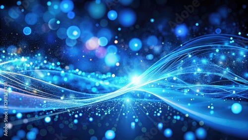 Glowing abstract blue background with waves and bokeh lights