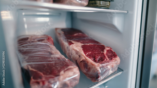 Two large pieces of beef steak wrapped in plastic are placed neatly on a shelf inside a refrigerator, indicating preparation for a meal or barbecue occasion at home