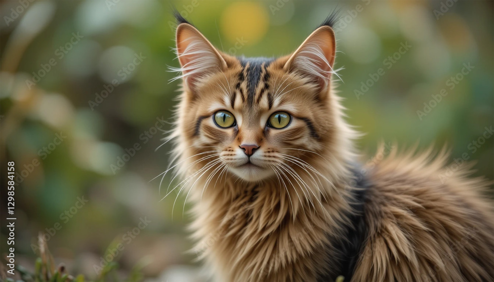 Fluffy Green-Eyed Tabby Cat Close-Up Outdoors Fluffy Green-Eyed Tabby Cat Close-Up Outdoors