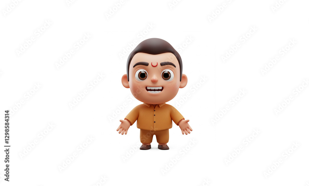 Photorealistic 3D Render of a Cute Cartoon Indian Man Icon, Pure White Background