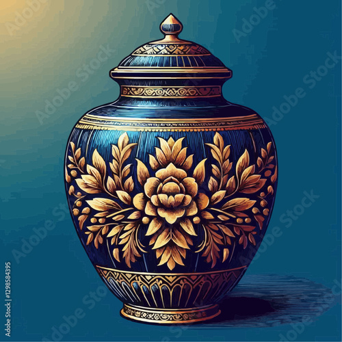 Ornate decorative urn illustration, vibrant colors, artistic design, vintage elegance