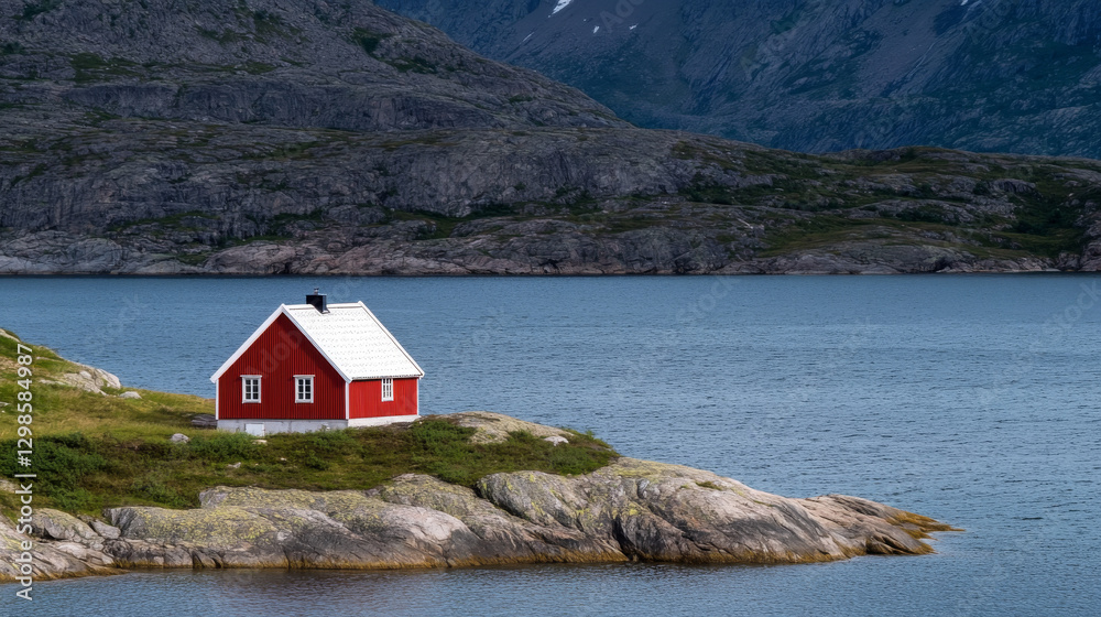 A vibrant red cabin stands alone on a rocky shoreline, overlooking calm blue waters. Majestic mountains rise in the background under a clear sky, creating a tranquil and picturesque landscape A vibrant red cabin stands alone on a rocky shoreline, overlooking calm blue waters. Majestic mountains rise in the background under a clear sky, creating a tranquil and picturesque landscape