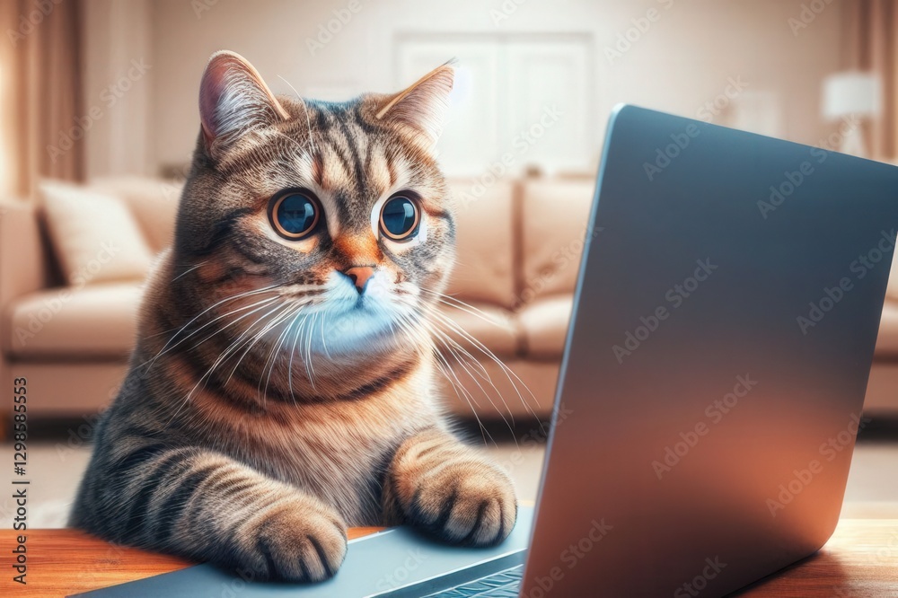 A tabby cat with wide eyes sitting in front of a laptop on a wooden table, its front paws resting on the table as it intently looks at the laptop screen. A tabby cat with wide eyes sitting in front of a laptop on a wooden table, its front paws resting on the table as it intently looks at the laptop screen.