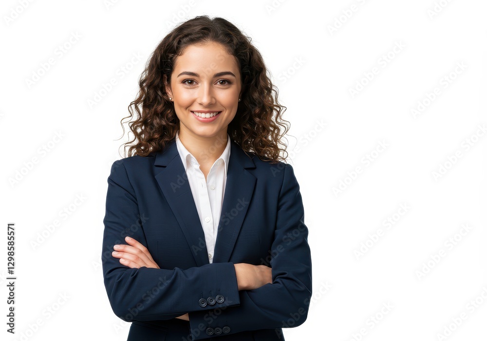 A smiling businesswoman with curly hair dressed in a navy suit arms crossed isolated on white background A smiling businesswoman with curly hair dressed in a navy suit arms crossed isolated on white background