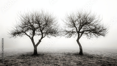 Bare Trees in Mist: Two bare trees stand silhouetted against a soft, misty backdrop, creating a serene and stark black and white image.