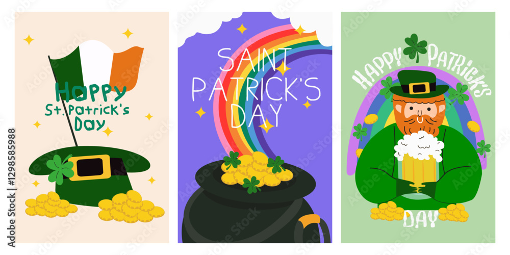 Fototapeta premium Cartoon abstract bright posters for St Patrick's Day. Ireland lucky holiday banner, greeting card. Leprechaun character, mug of beer, pot of golden coins, clover. Flat cartoon background design