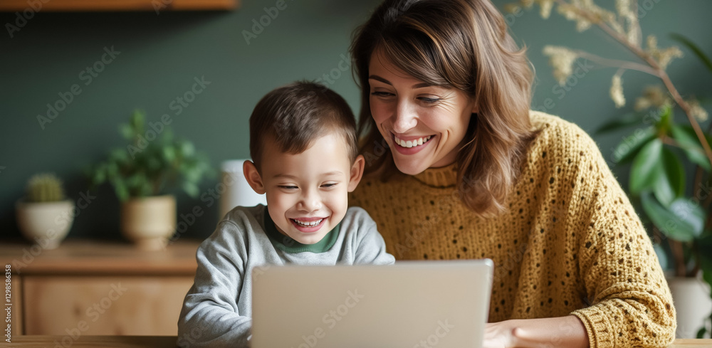 smiling mother and son using a tablet together smiling mother and son using a tablet together