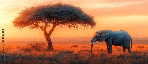 Sunset savanna, elephant tree silhouette, Africa wildlife photo