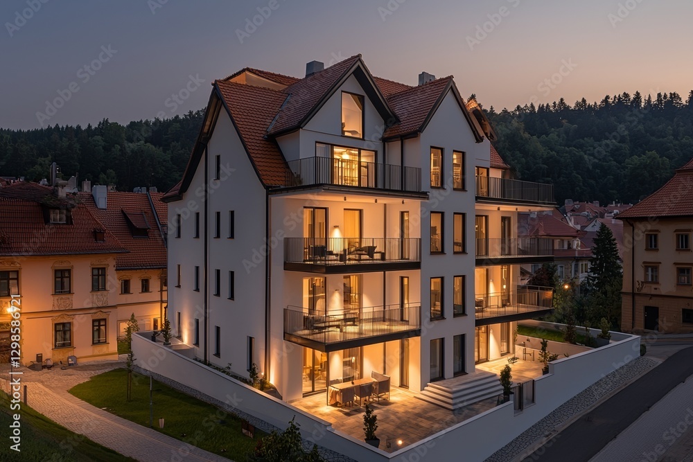 Fototapeta premium A contemporary apartment building featuring a sleek white and glass exterior, positioned amidst the city, symbolizing urban development in residential and commercial sectors