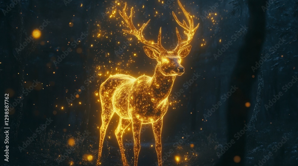 Glowing Golden Deer Surrounded by Mystical Forest Light Effects Glowing Golden Deer Surrounded by Mystical Forest Light Effects