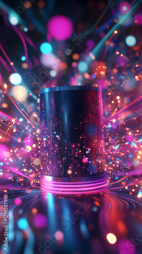 A close-up view of a smart speaker surrounded by dynamic colorful light trails and bokeh particles, symbolizing modern technology, sound, and vibrant audio experiences.