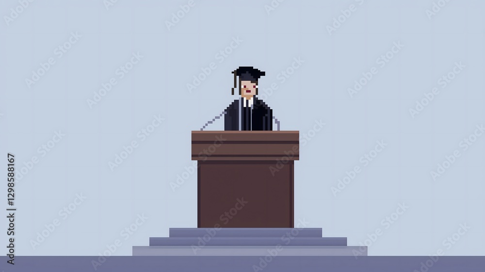 Minimalist 8bit Pixel Art Graduation Speaker at Podium with Cap and Gown, Retro Gaming Style Digital Education Illustration, Academic Achievement Scene with Blue Background and Graduate