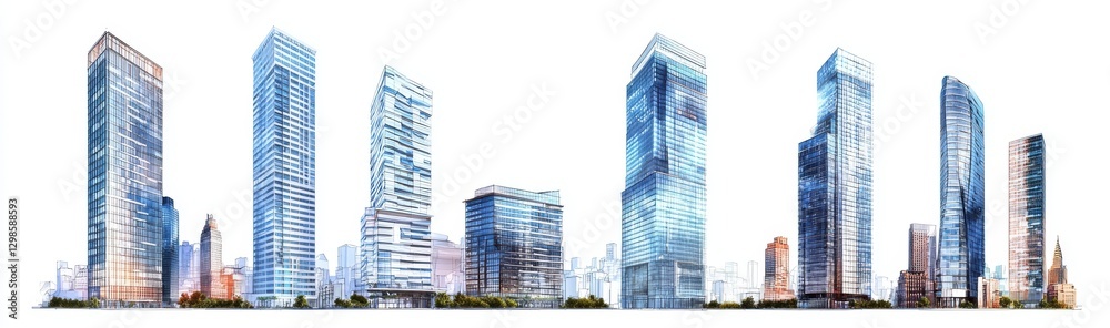 Fototapeta premium Tall office buildings in realistic images are collected on white or transparent backgrounds